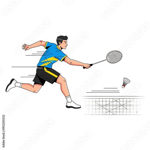 Young Man Playing Badminton, Dynamic Action Shot with Shuttlecock and Net