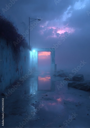 Wallpaper Mural A moody, dreamlike scene featuring a pathway to an illuminated portal under a dramatic, colorful sky reflected in water Torontodigital.ca