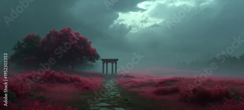 Wallpaper Mural A moody, dreamlike landscape. A stone structure stands along a path in a field of red-pink foliage, under a dramatic, cloudy sky Torontodigital.ca