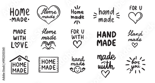 vintage old style hand made and made with love labels writings set. Hand drawn doodle outline drawing hand made line clipart symbol