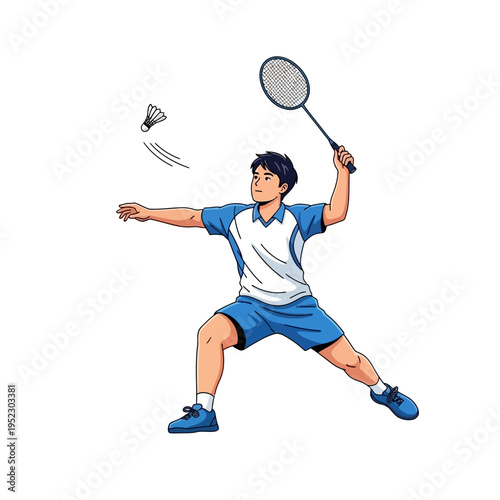 Young man playing badminton, hitting shuttlecock with racket, dynamic action pose