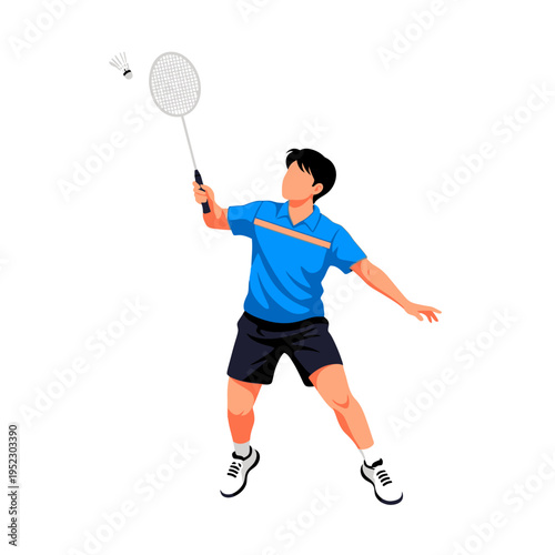 Young Man Playing Badminton, Hitting Shuttlecock with Racket, Sports Action Illustration