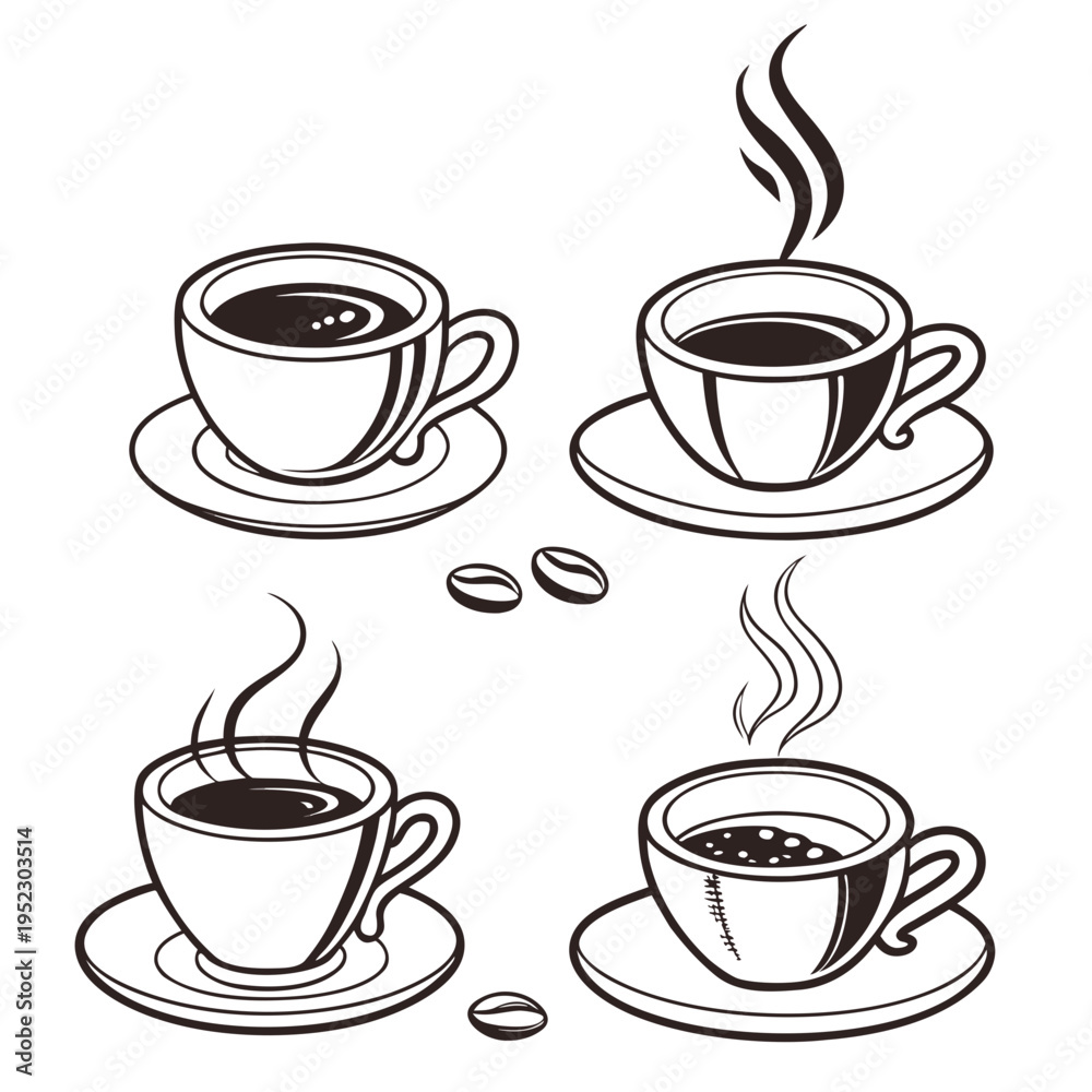 Obraz premium Coffee cups and steaming hot beverages with coffee beans line art graphic