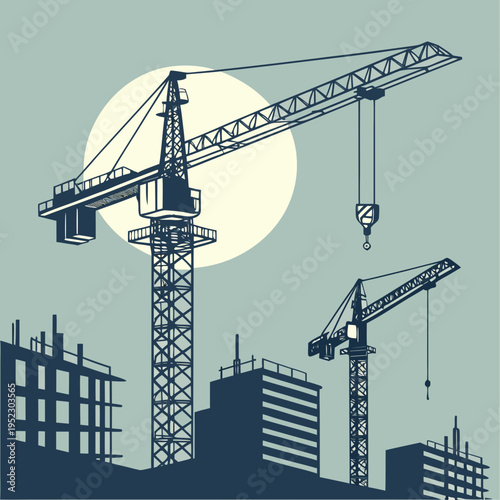 Construction cranes and new buildings silhouette scene vector illustration