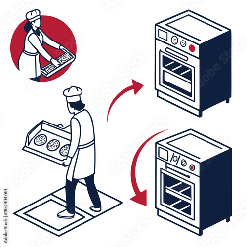 Isometric baker character inserting cookies into kitchen oven illustration