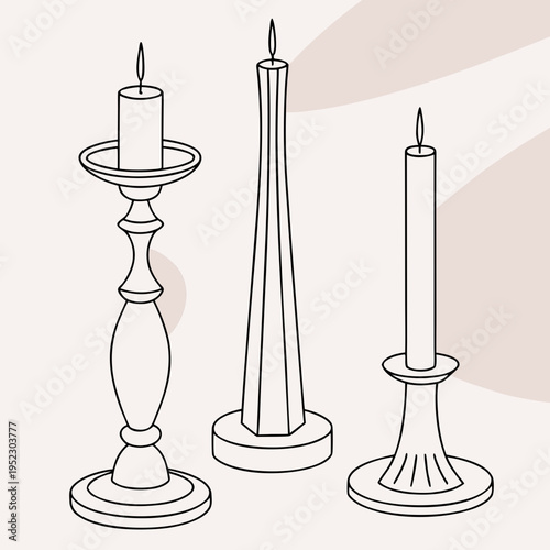 Three elegant burning taper candles on decorative holders illustration