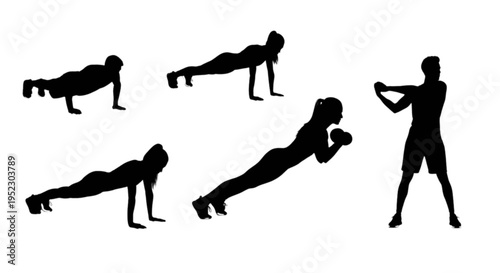 Silhouette of people doing push ups and boxing isolated on transparent background