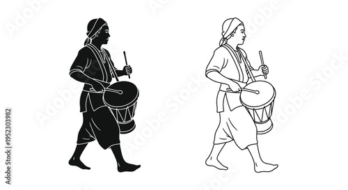 Two musicians playing drums in a black and white illustration