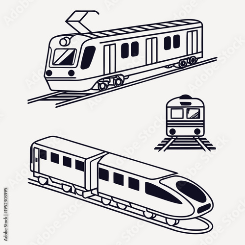 Modern train and high speed rail line art illustration set