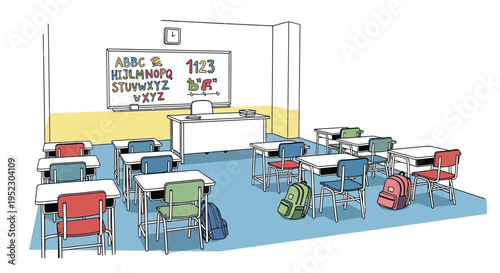 A simple illustration depicts an empty classroom with desks and a chalkboard