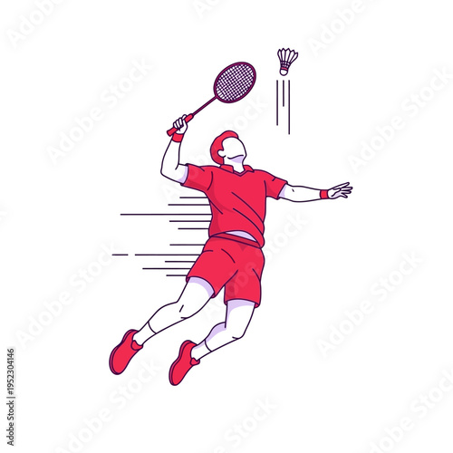 Badminton Player Jumps High to Smash Shuttlecock, Dynamic Sports Illustration