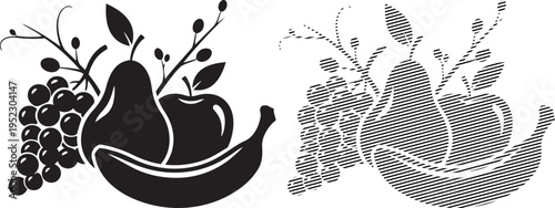 Intricate black and white embroidery designs featuring grapes, pears, and baskets