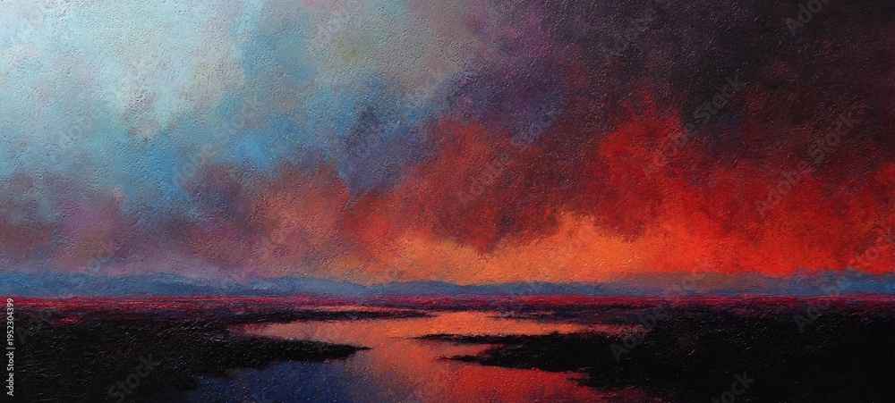 custom made wallpaper toronto digitalA painted landscape depicts a dramatic sunset. Bold reds, oranges, and blues form clouds over a dark marsh