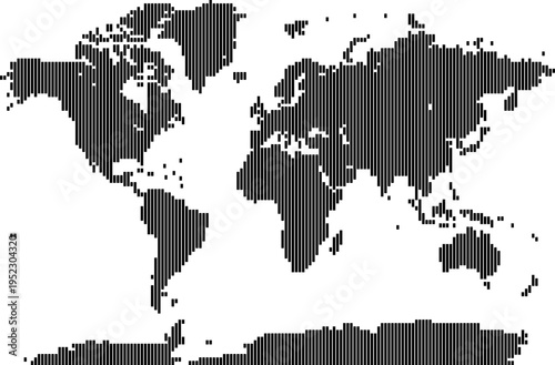 A stylized world map illustration featuring continents rendered with vertical black line patterns