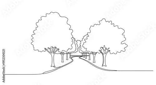Continuous line drawing of a path lined with trees in a park