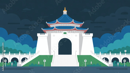 Chinese architectural landmark with blue roof and white walls at night with cloudy sky