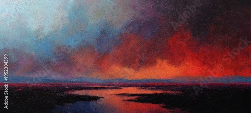 Wallpaper Mural A painted landscape depicts a dramatic sunset. Bold reds, oranges, and blues form clouds over a dark marsh Torontodigital.ca