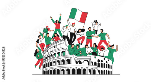 People Celebrating with Italian Flag Colosseum.