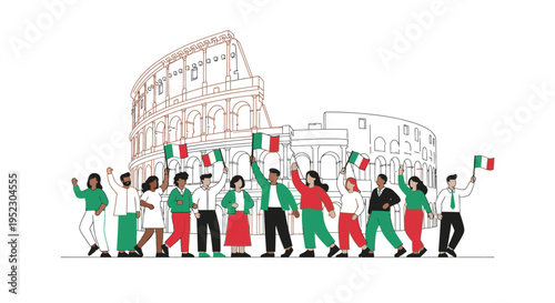 People Waving Italian Flags Celebrating.