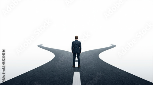 Businessman standing at a crossroad choosing between two paths, decision making and career concept