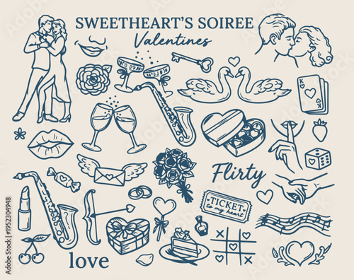 valentine party doodle set, sweetheart romance illustration, love event icons, wedding romantic symbols, hand drawn valentine clipart, relationship sketch elements, holiday love vector