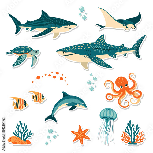 Ocean Animals Set Shark Turtle Jellyfish Flat Vector Illustration