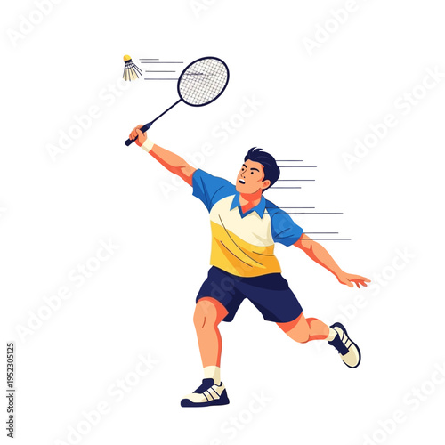 Man playing badminton, athletic player hitting shuttlecock with racket, action shot