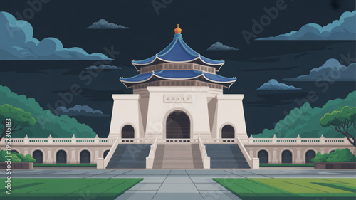 Asian style temple at night with blue roof and white walls surrounded by green trees and cloudy sky