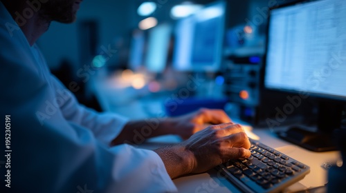 A focused professional typing on a computer keyboard in a dimly lit office, illustrating late-night work dedication.