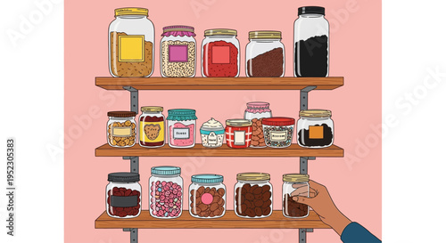 Person holding a jar of food from a shelf filled with various jars of food and drinks in a kitchen environment.