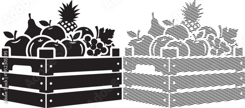 Two wooden crates filled with fresh fruits and vegetables, contrasting traditional and modern designs.