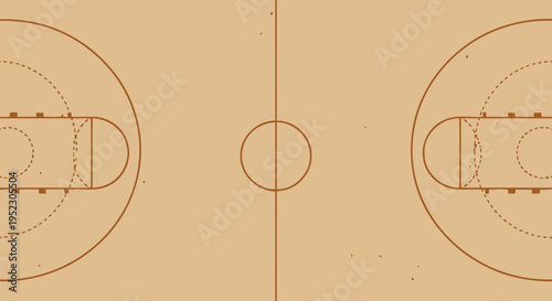 A detailed illustration of a basketball court layout with markings and zones