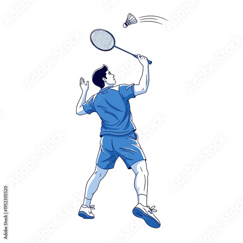 Man playing badminton, hitting shuttlecock with racket, dynamic sports illustration
