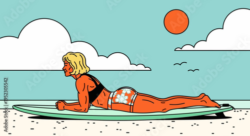 Woman lies on surfboard on sandy beach by calm ocean water under sunny sky with clouds.