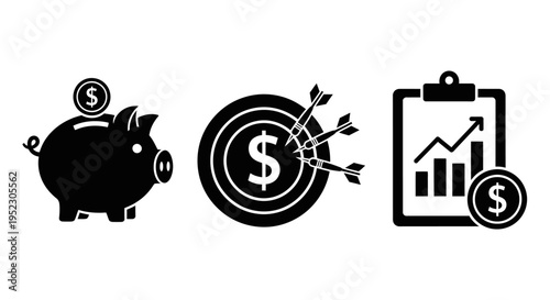 Financial planning icons with piggy bank, target, and clipboard on a white background