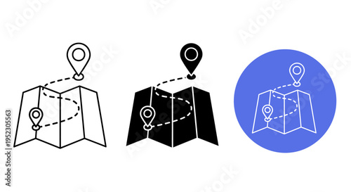 Illustrations of map icons with locations and routes are shown