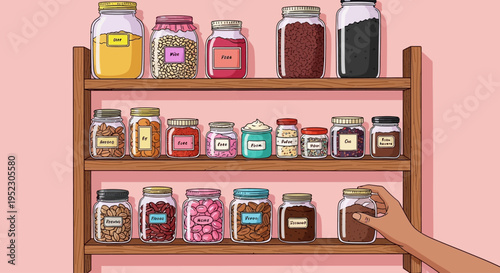 A person is reaching for a jar on a wooden spice rack with various containers in a kitchen.