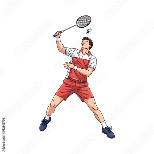 Man playing badminton, jumping to hit shuttlecock with racket, action shot