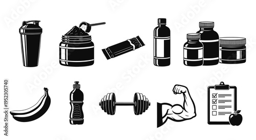 Comprehensive Set of Fitness and Nutrition Icons Featuring Gym Equipment, Protein Supplements, Healthy Food, and Workout Essentials for a Balanced Lifestyle and Optimal Health