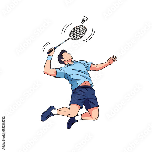 Man playing badminton, jumping to hit shuttlecock with racket, dynamic sports action illustration