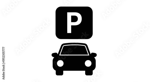 Modern black and white vector icon showcasing a car beneath a square 'P' sign, perfect for indicating parking availability, urban mobility, and designated vehicle areas for drivers