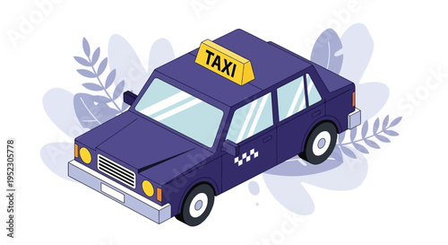 Flat isometric illustration of a dark purple taxi with a yellow illuminated taxi sign on the roof, surrounded by stylized light purple plants