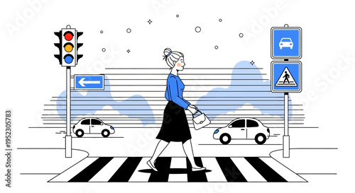 Woman crosses street with cars and traffic lights in urban setting near Whisk_fe1cc469d423ec69cb44263cf2a6c8b4dr.ai