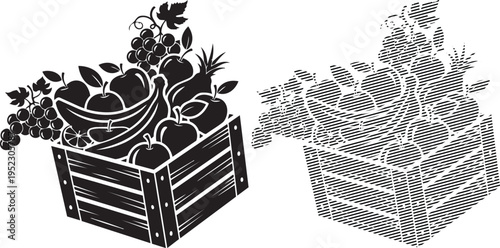 Two wooden crates filled with various fresh vegetables and herbs