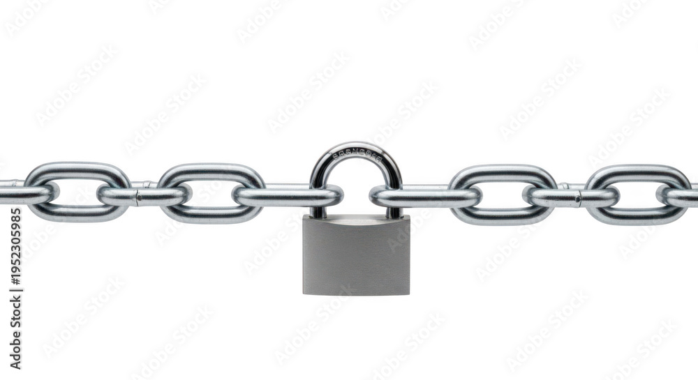 Fototapeta premium A sturdy metal padlock securely connecting two segments of a polished steel industrial chain link