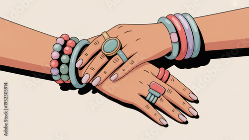 Two hands adorned with colorful jewelry and accessories on wrists and fingers friendship and solidarity concept