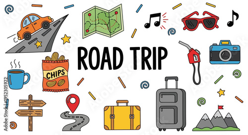 Embark on an unforgettable road trip adventure with these fun and vibrant travel illustrations and icons, perfect for planning your next getaway and capturing cherished memories