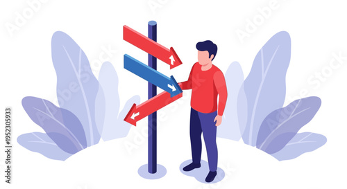 Man standing at a crossroads, making a decision with multiple directional arrows pointing in different ways, illustrating choice and direction