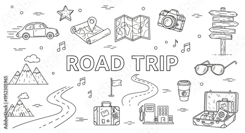 Charming line art doodles illustrating core elements of a road trip adventure, featuring cars, maps, mountains, and travel essentials in a hand-drawn style