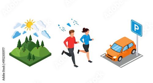 Outdoor recreational activities and urban amenities featuring nature, exercise, and transportation